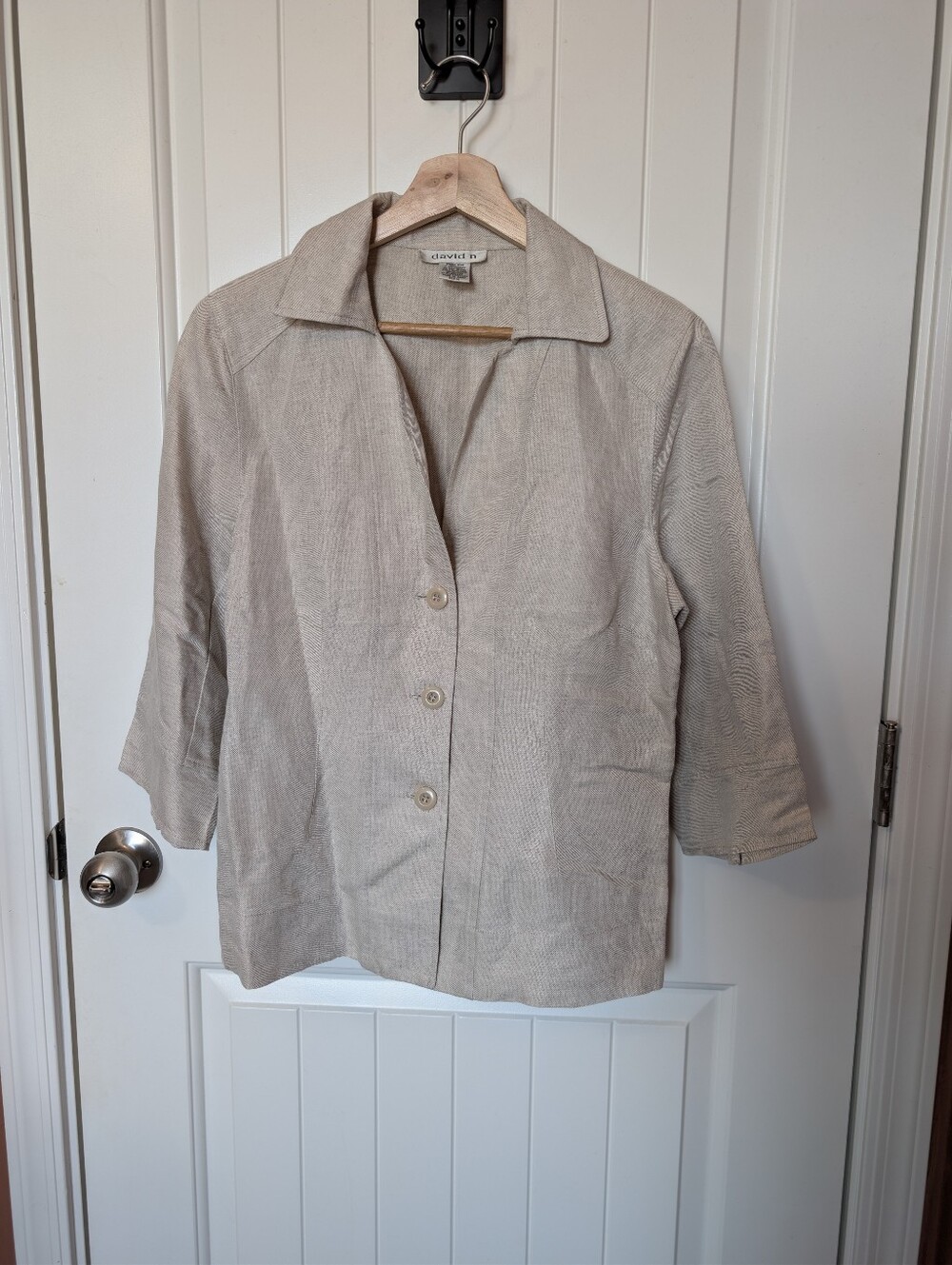 David N Linen Blend 3/4 Sleeve Button Up Blouse Medium Off White/Grey